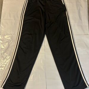 Black Adidas track pants with white three-stripe detailing down the legs Size M